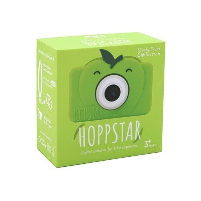 Caixa verde com câmara digital infantil em forma de maçã com texto HOPPSTAR