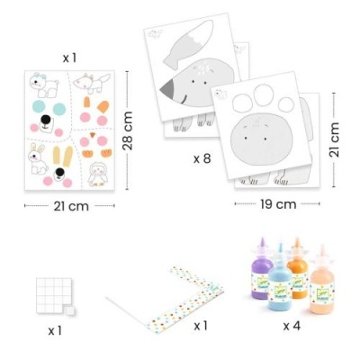 Kit de arte com tintas coloridas, folhas para pintar e envelope decorado