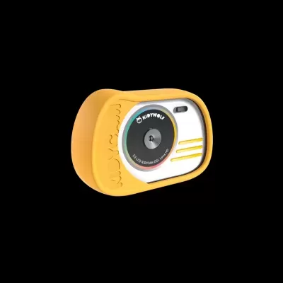 Câmara fotográfica infantil amarela com detalhes brancos e lentes pretas