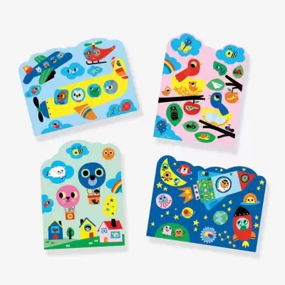 blocos de notas infantis coloridos com desenhos de aviões, pássaros, balões e espaço