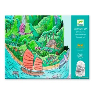 Caixa de atividade DJECO Coloriages 3D com ilustração de paisagem tropical colorida