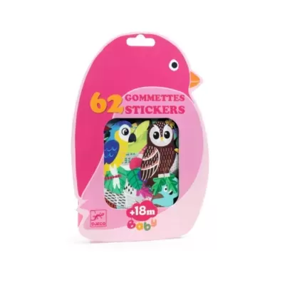 Embalagem cor-de-rosa em forma de pinguim com autocolantes de aves coloridas