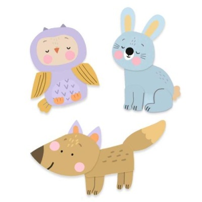 Ilustração de coruja, coelho e lobo em cores suaves