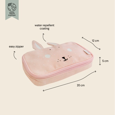 Estojo rosa de tecido com fecho e cara de coelho, 20x12x5 cm, repelente à água