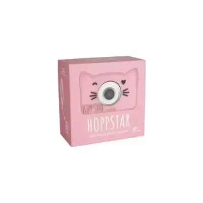 Caixa cor-de-rosa com câmara instantânea rosa claro com desenho de gato e texto HOPPSTAR