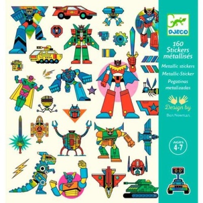 Folha de autocolantes metálicos com ilustrações de robôs e veículos coloridos