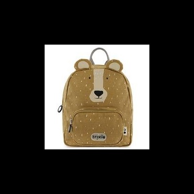 Mochila infantil castanha com padrão e rosto de urso