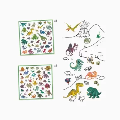 Folhas de autocolantes de dinossauros e desenho com dinossauros colados ao lado