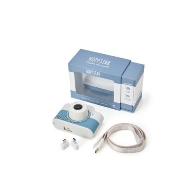 Câmara instantânea azul claro e branco com acessórios e caixa azul