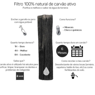 Filtro 100% natural de carvão ativo para água com texto explicativo em português.