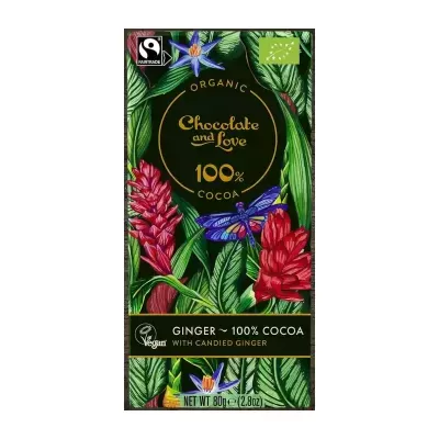 Chocolate Vegan Biológico (100% Cacau) com Gengibre 80g - Chocolate & Love