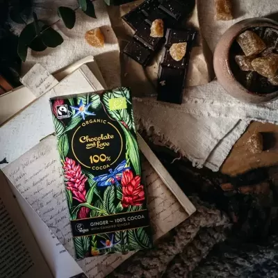 Chocolate Vegan Biológico (100% Cacau) com Gengibre 80g - Chocolate & Love