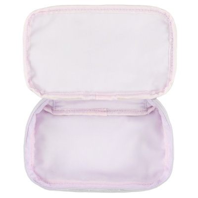 Estojo rosa aberto mostrando interior em tecido liso