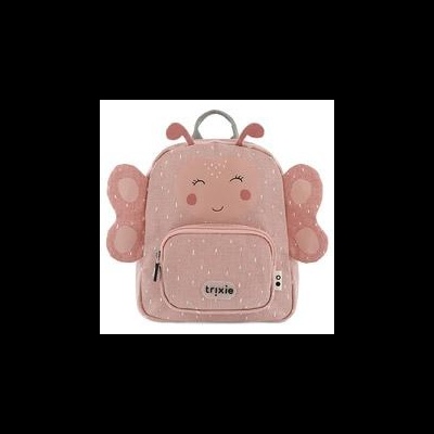 Mochila infantil rosa com asas de borboleta, rosto sorridente e etiqueta trixie