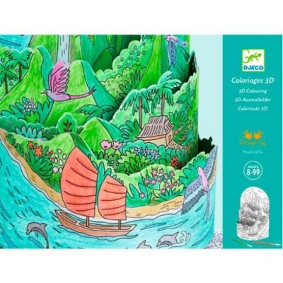 Ilustração colorida de uma paisagem natural com barco, pássaros e golfinhos, com texto sobre coloração 3D e logótipo DJECO