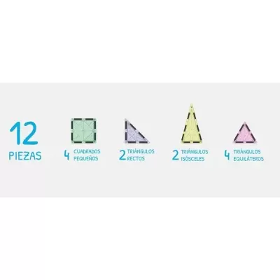 Texto e ilustrações de 12 peças geométricas coloridas com rótulos em espanhol