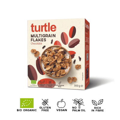 Caixa de cereais Turtle Multigrain Flakes chocolate 300g com selos bio, sem glúten, vegan, sem óleo de palma, rica em fibra