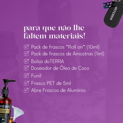 Texto em português com lista de materiais para embalagem sobre fundo roxo