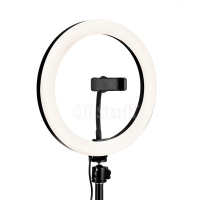 Anel de luz LED circular branco com suporte para telemóvel no centro