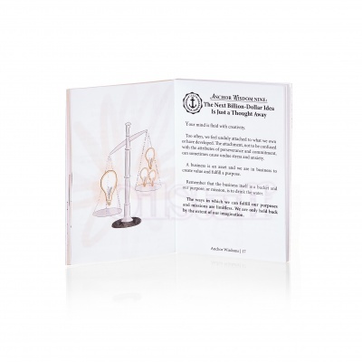 Cartão branco aberto com texto e ilustração de lâmpadas em suporte metálico