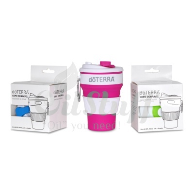 Copos dobráveis doTERRA em caixas brancas e um copo rosa fora da caixa.