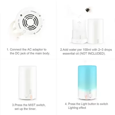 Difusor de aroma branco com tampa azul e instruções em inglês
