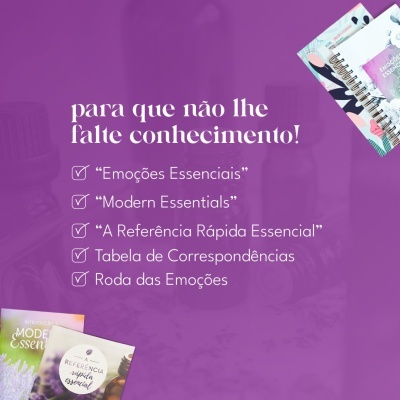 Texto listado com fundo roxo e livros coloridos nos cantos