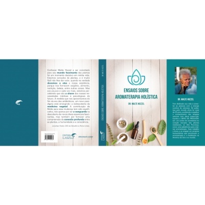 Capa de livro 'Ensaios Sobre Aromaterapia Holística' com frascos de aromaterapia e foto do autor.
