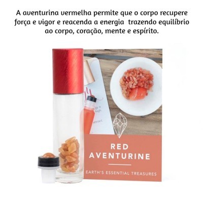Frasco com pedras de aventurina vermelha e embalagem com texto promocional