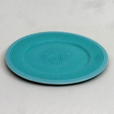 Prato oval turquesa em cerâmica com padrão de coração em relevo