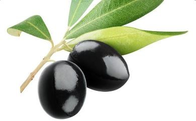 Duas azeitonas pretas brilhantes com folhas verdes