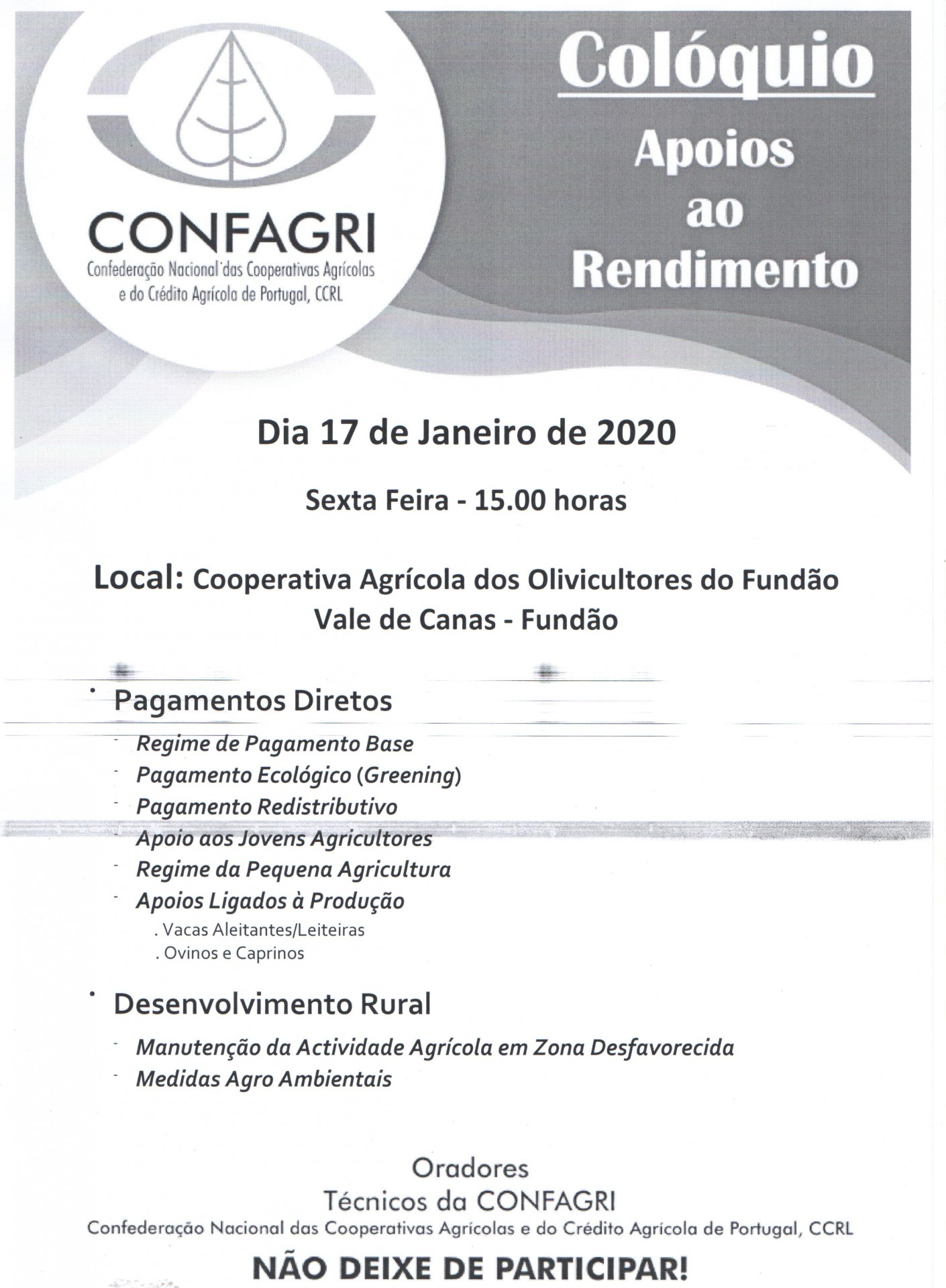 Flyer do colóquio CONFAGRI 'Apoios ao Rendimento' com informações de data, local e temas abordados