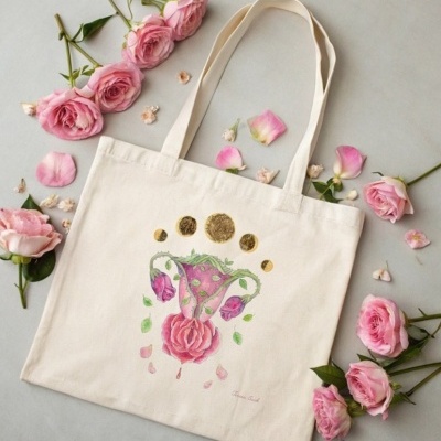 Saco de lona bege com ilustração colorida de útero com flores e elementos dourados