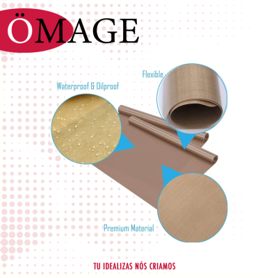 Manta castanho claro flexível à prova de água e óleo com texto promocional em português.