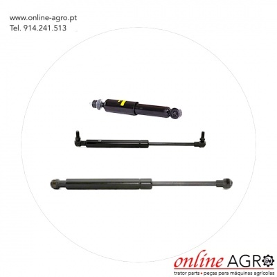Três amortecedores pretos em fundo branco com contacto e logotipo da Online Agro
