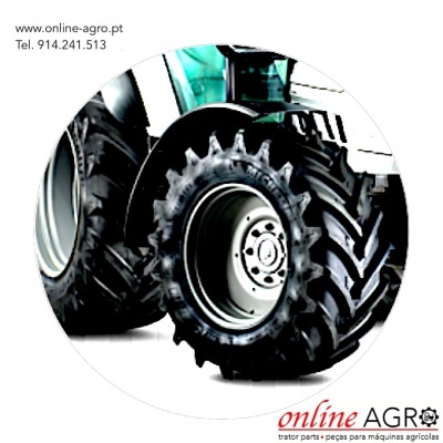 Pneus de tractor com aro metálico cinzento e texto de contacto da empresa online-agro.pt