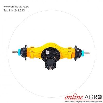 Peça mecânica amarela e preta para máquinas agrícolas sobre fundo branco com texto e logo online AGRO