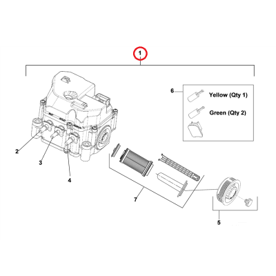 Diagrama técnico de peças mecânicas com números e etiquetas de cores