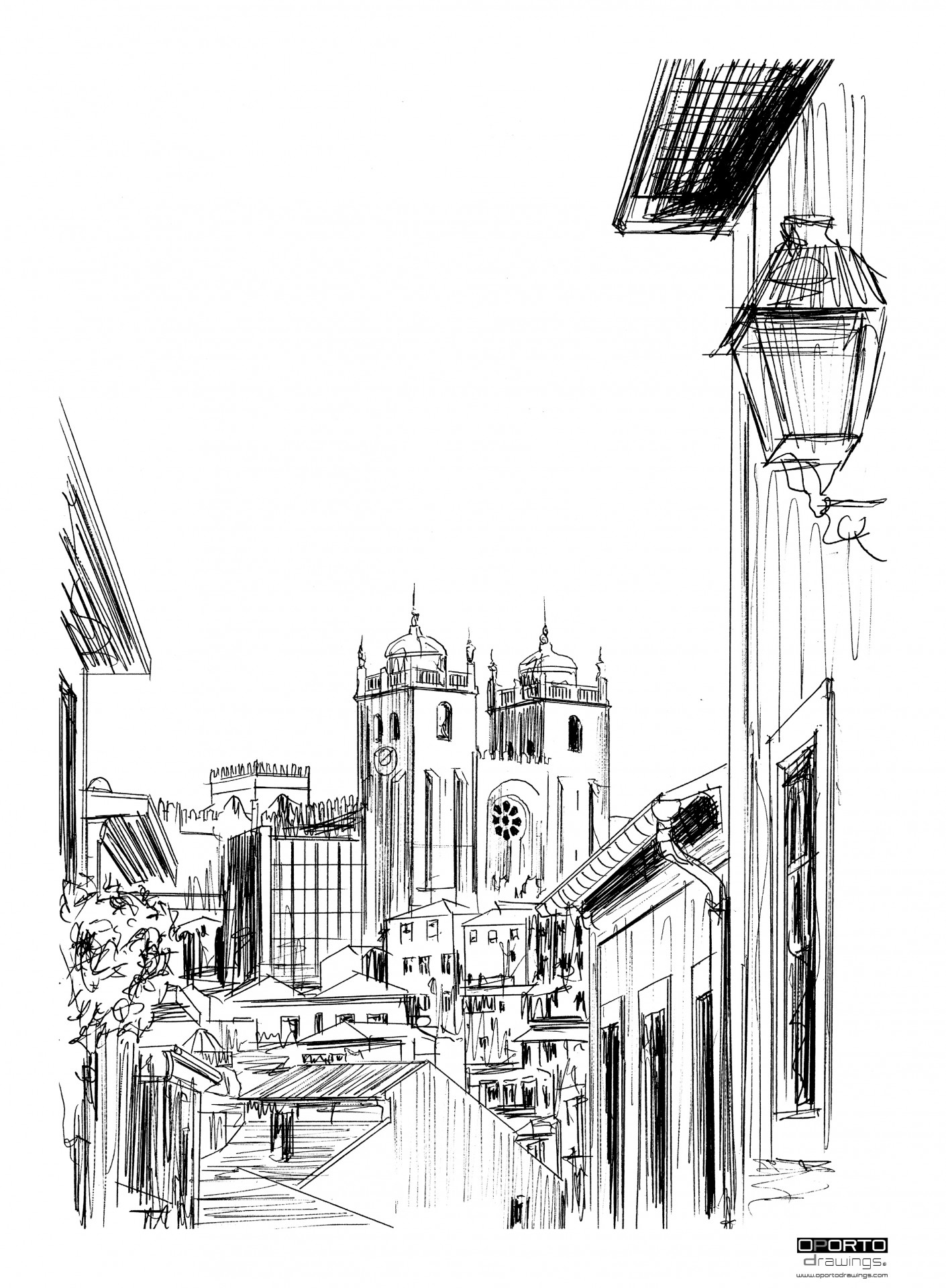 Desenho a tinta preta de uma rua de cidade com edifícios e uma catedral com duas torres