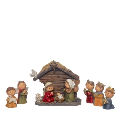 Conjunto de presépio em resina colorida com 9 peças incluindo estábulo, figuras humanas e animais.