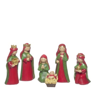 Figuras de presépio em resina com cores vermelha, verde e dourada