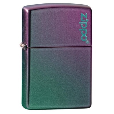 Isqueiro Zippo metálico roxo e verde com texto azul