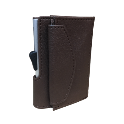 Carteira castanha de couro com fecho e cartão cinzento