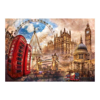 Montagem de monumentos famosos e elementos icónicos de Londres, com cabines telefónicas vermelhas, o London Eye, e o Big Ben em destaque.