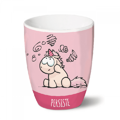 Caneca rosa com ilustração de unicórnio confuso e texto PERSISTE na base