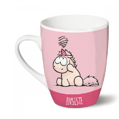 Caneca rosa com ilustração de unicórnio e texto INSISTE