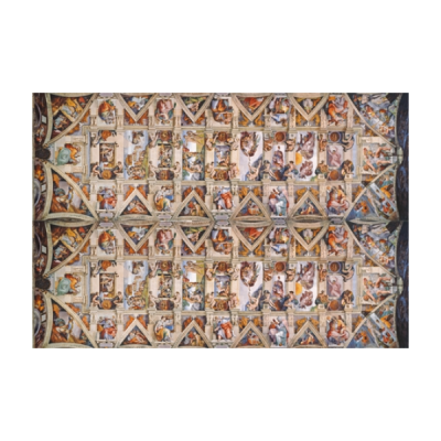 Teto pintado com cenas religiosas e padrões geométricos coloridos