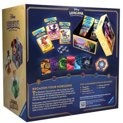 Caixa do jogo Disney Lorcana com cartas, dados e marcadores coloridos visíveis