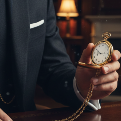 Relógio de bolso dourado com corrente segurado por homem em fato