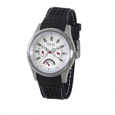 Relógio de pulso prateado com bracelete preta e mostrador branco com detalhes vermelhos e cinzentos